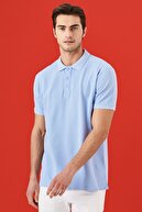 Altınyıldız Classics Erkek Açık Mavi Polo Yaka Cepsiz Slim Fit Dar Kesim %100 Pamuk Düz Tişört