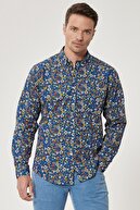 Altınyıldız Classics Erkek Mavi-sarı Tailored Slim Fit Düğmeli Yaka Baskılı %100 Pamuk Gömlek