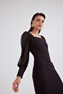 Sateen Şifon Kol Krep Elbise - Siyah