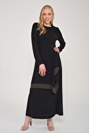 Mimya Siyah Volanlı Uzun Krep Elbise