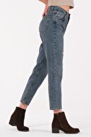 its basic Mercan Kadın Yırtık Tint Renk Lazer Detaylı Mom Fit Yüksek Bel Jean