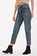 its basic Mercan Kadın Yırtık Tint Renk Lazer Detaylı Mom Fit Yüksek Bel Jean