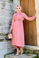 Embay Kadın Pembe Boydan Düğmeli Uzun Yazlık Şık Tunik