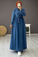 Camelya Fashion Kadın Koyu Mavi Gömlek Yaka Bel Kemerli Yazlık Kot Elbise