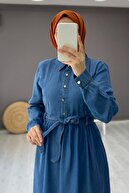 Camelya Fashion Kadın Koyu Mavi Gömlek Yaka Bel Kemerli Yazlık Kot Elbise