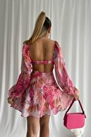 bayansepeti Çiçek Desenli Astarlı Şifon Kumaş Göğüs Dolgulu Kloş Kesim Pembe Elbise 040