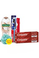 Colgate Diş Macunu 75 ml x2, Orta Diş Fırçası, Palmolive Duş Jeli 250 ml + Fırça Kabı & Duş Lifi