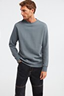 GRIMELANGE Travıs Dokuma Comfort Fit Sweatshirt Düz Renk Koyu Gri Yuvarlak Yaka