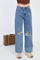BİKELİFE Açık Mavi Yırtık Detaylı Yüksek Bel Wide Leg Jeans