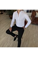 TerziAdemAltun Erkek Beyaz Italyan Stil Slim Fit Dik Yaka Saten Gömlek T4754