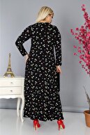 LİKRA Kadın Siyah Büyük Beden Papatya Desen Pervazlı Yaka Lı Viskon Elbise