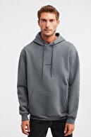 GRIMELANGE Epıc Erkek Açık Gri Nakışlı / Işlemeli Kapüşonlu Comfort Fit Sweatshirt