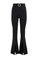 TRENDYOLMİLLA Siyah Taşlı Kemerli Yırtmaç Detaylı Örme Pantolon TWOSS20PL0100