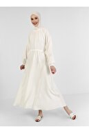 Benin Balon Kol Beli Bağcıklı Elbise - Off White -