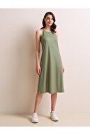 Jimmy Key Kadın Yeşil Düz Kesim Halter Yaka Askılı Desenli Örme Elbise