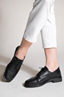 Marjin Kadın Oxford Ayakkabı Küt Burun Bağcıklı Maskülen Günlük Ayakkabı Rilen siyah