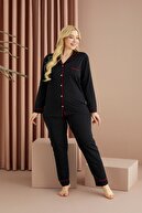 Siyah İnci Siyah-kırmızı Pamuklu Likralı Büyük Beden Battal Düğmeli Cepli Biyeli Uzun Kollu Pijama Takımı