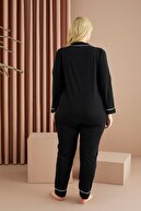 Siyah İnci Siyah-beyaz Pamuklu Likralı Büyük Beden Battal Düğmeli Cepli Biyeli Uzun Kollu Pijama Takımı