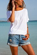Güneşkızı Kadın Beyaz Sırtı Atlet Detaylı Salaş T-shirt Gk-jr220