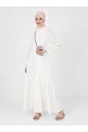 Benin Eteği Volanlı Dokulu Kumaş Elbise - Off White -