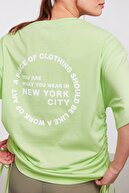 GRIMELANGE Pıece Örme Oversize T-shirt Baskılı Açık Yeşil Yuvarlak Yaka