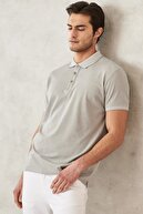 Altınyıldız Classics Erkek Gri Düğmeli Polo Yaka Cepsiz Slim Fit Dar Kesim Düz Tişört