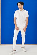 Altınyıldız Classics Erkek Beyaz Düğmeli Polo Yaka Cepsiz Slim Fit Dar Kesim Düz Tişört