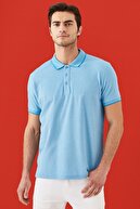 Altınyıldız Classics Erkek Mavi Düğmeli Polo Yaka Cepsiz Slim Fit Dar Kesim Düz Tişört