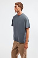 GRIMELANGE Jett Örme Oversize T-shirt Düz Renk Açık Gri Yuvarlak Yaka %100 Pamuk