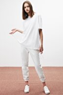 GRIMELANGE Pıece Örme Oversize T-shirt Baskılı Beyaz Yuvarlak Yaka