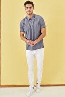 Altınyıldız Classics Erkek Lacivert Düğmeli Polo Yaka Cepsiz Slim Fit Dar Kesim Düz Tişört