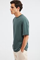 GRIMELANGE Jett Örme Oversize T-shirt Düz Renk Koyu Yeşil Yuvarlak Yaka %100 Pamuk