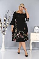 Big Love Ütü Gerektirmeyen Yarım Kollu Likralı Krep Kumaş Çiçekli Elbise Siyah