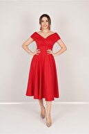 giyimmasalı Kayık Yaka Midi Elbise - Kırmızı