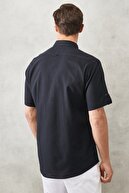Altınyıldız Classics Erkek Siyah Comfort Fit Düğmeli Yaka %100 Pamuk Flamlı Kısa Kollu Casual Gömlek