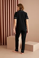 Siyah İnci Siyah-beyaz Pamuklu Likralı Düğmeli Cepli Biyeli Kısa Kollu Pijama Takımı