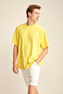 GRIMELANGE Jett Örme Oversize T-shirt Düz Renk Civciv Sarı Yuvarlak Yaka %100 Pamuk
