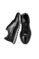 Cabani Hakiki Deri Siyah Bağcıklı Özel Motifli Baskılı Erkek Spor Ayakkabı