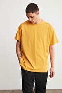 GRIMELANGE Jett Örme Oversize T-shirt Düz Renk Safran Sarı Yuvarlak Yaka %100 Pamuk