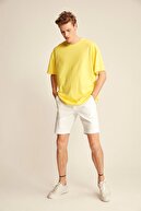 GRIMELANGE Jett Örme Oversize T-shirt Düz Renk Civciv Sarı Yuvarlak Yaka %100 Pamuk