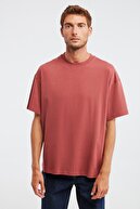 GRIMELANGE Jett Örme Oversize T-shirt Düz Renk Kiremit Rengi Yuvarlak Yaka %100 Pamuk