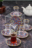 MHK Collection Dekorlu Porselen Tabaklı 12 Parça Çay Bardağı Takımı Seti