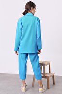 Suite G Butik Kadın Mavi Yırtmaçlı Ceket Alt Üst Takım