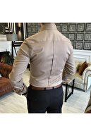 TerziAdemAltun Italyan Stil Slim Fit Dik Yaka Saten Erkek Gömlek Vizon T5104