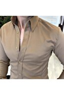TerziAdemAltun Italyan Stil Slim Fit Dik Yaka Saten Erkek Gömlek Vizon T5104