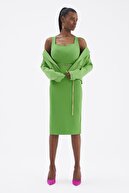 Sateen Zincir Kemerli Kalem Elbise - Yeşil
