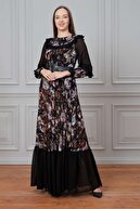 PHELDA Mira Flok Baskılı Kemerli Elbise 705-siyah