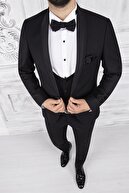 PACO ROMANO Erkek Slim Fit Damatlık Smokin Şal Yaka Siyah Yelekli Takım Elbise