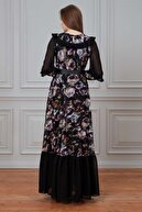 PHELDA Mira Flok Baskılı Kemerli Elbise 705-siyah
