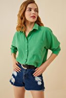 Swist Yeşil Eteği Püsküllü Keten Basic Kadın Gömlek